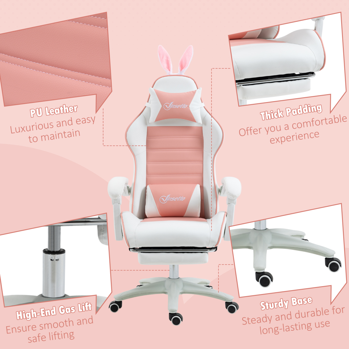 Vinsetto Racing Style Gaming Chair with Footrest Removable Rabbit Ears, Pink