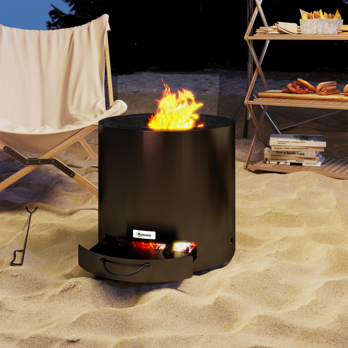 Outsunny Outdoor Round Fire Pit with Ash Tray and Fire Poker, Black