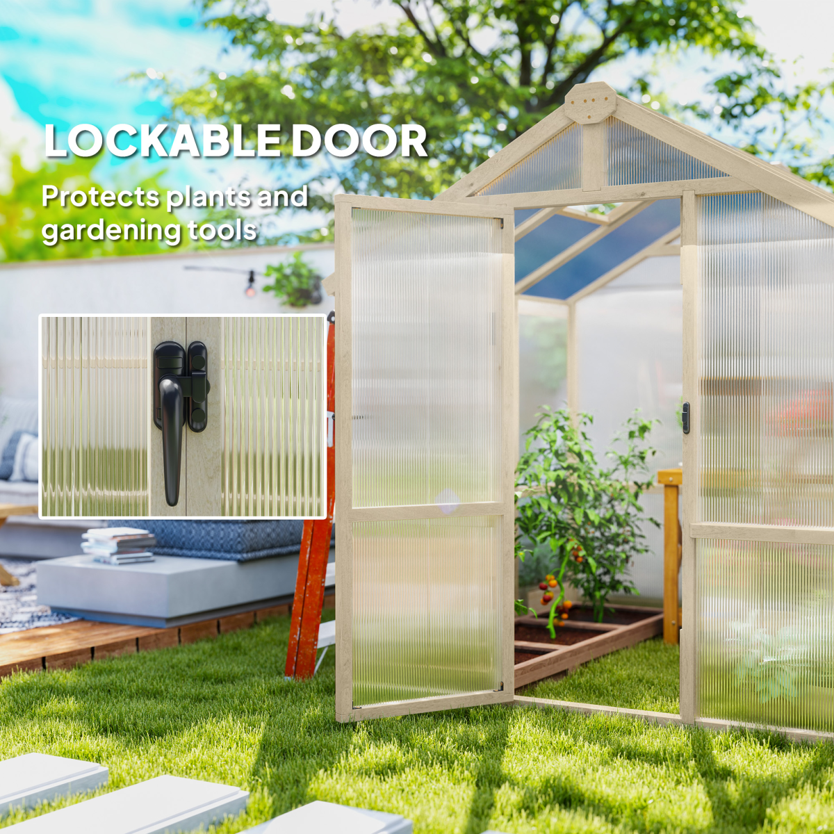 Outsunny 6.6 x 6ft Wooden Polycarbonate Greenhouse with Lockable Door, Brown