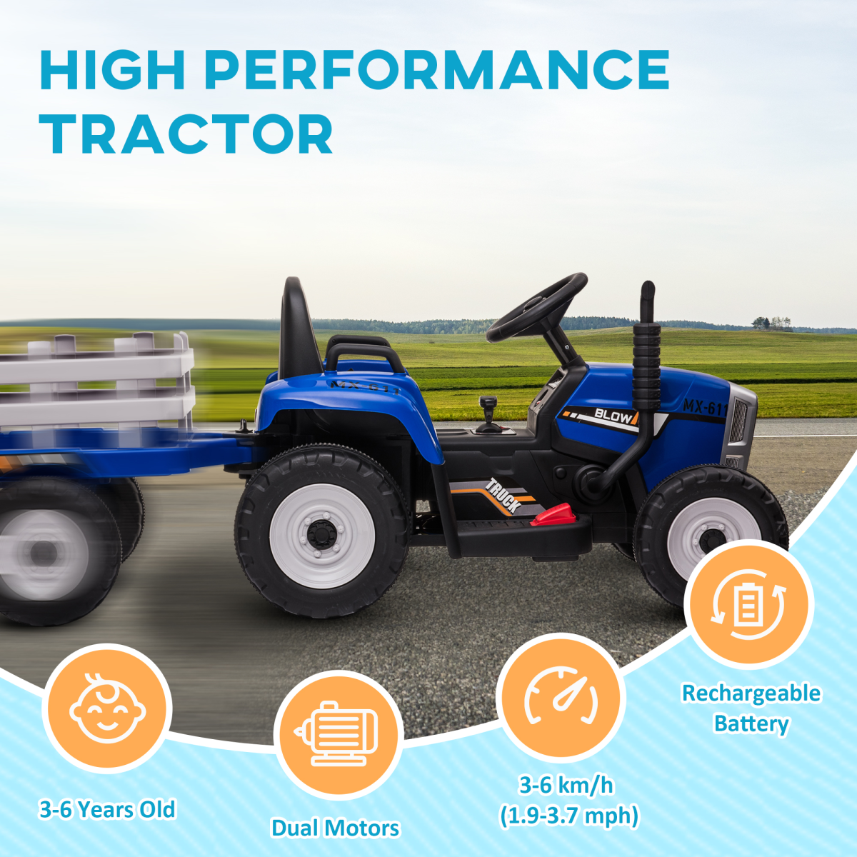 HOMCOM Ride on Tractor with Detachable Trailer, Remote Control, Music - Blue