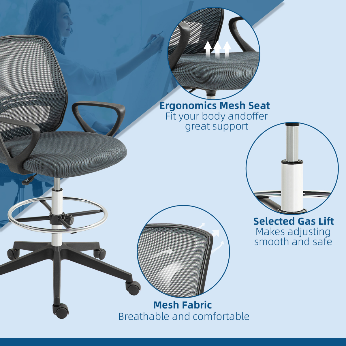 Vinsetto Draughtsman Chair Tall Office Chair with Adjustable Height Grey