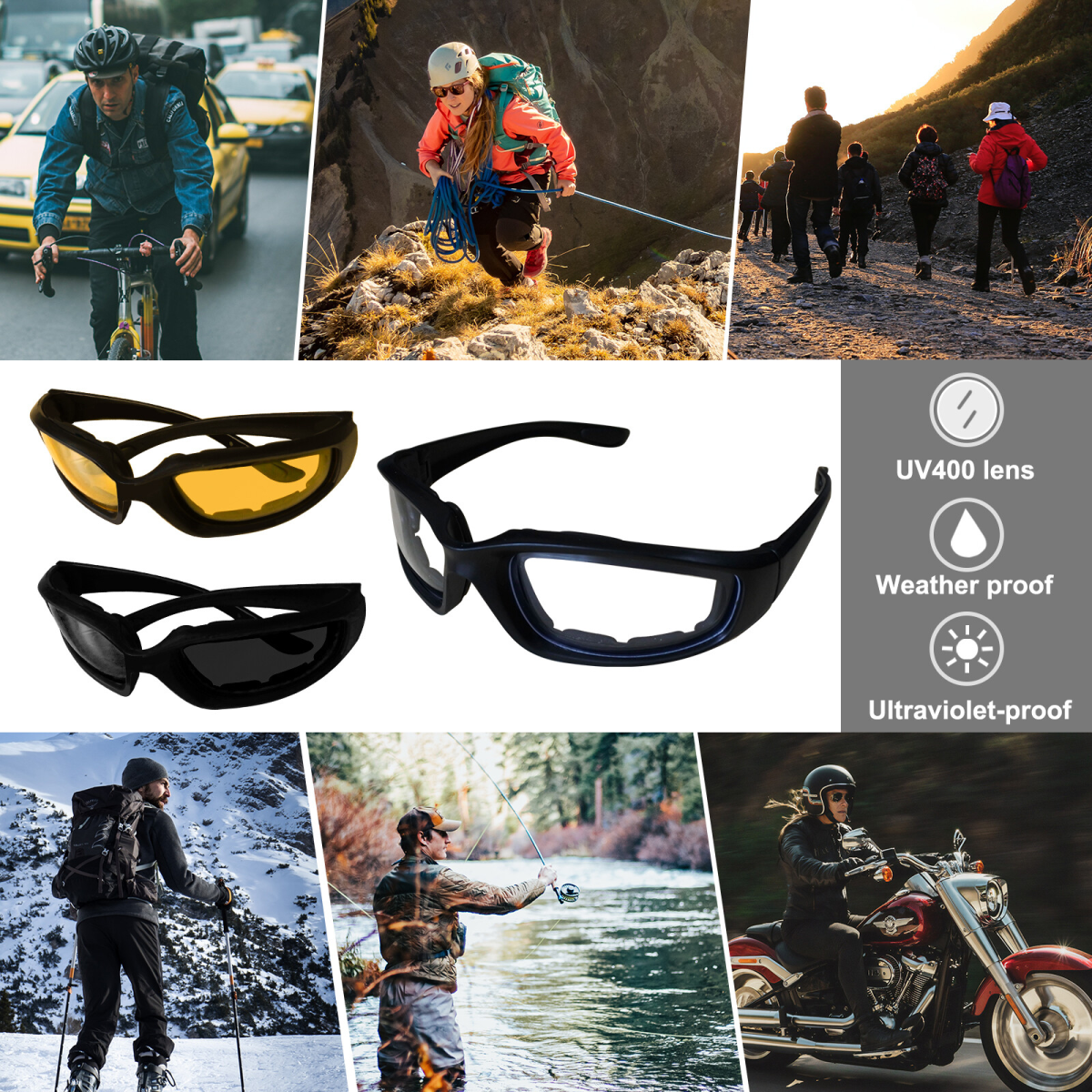 3 pairs  Motorcycle Sports Biker Riding Glasses Wind Resistant Eye Protection Women Men Sports Goggles Cycling Glasses Sunglasses Gray/Clear/Yellow