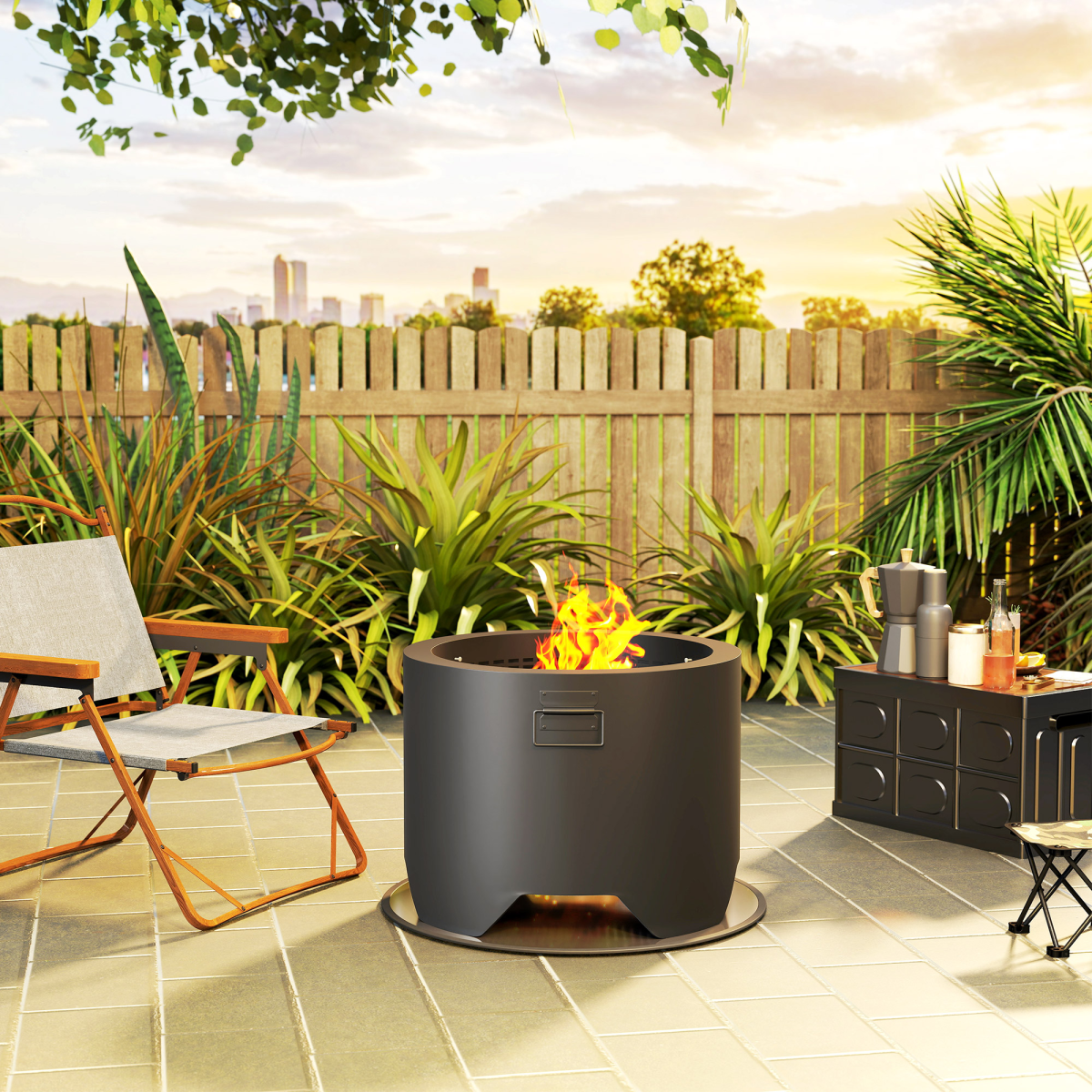 Outsunny Outdoor Round Fire Pit with Lid, Firepit with Fire Poker, Black