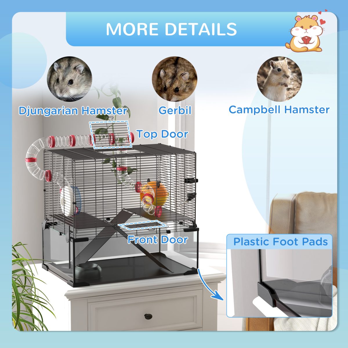 PawHut Hamster Cage w/ Tubes, Ramps, Platforms, Hut, 60 x 40 x 57cm