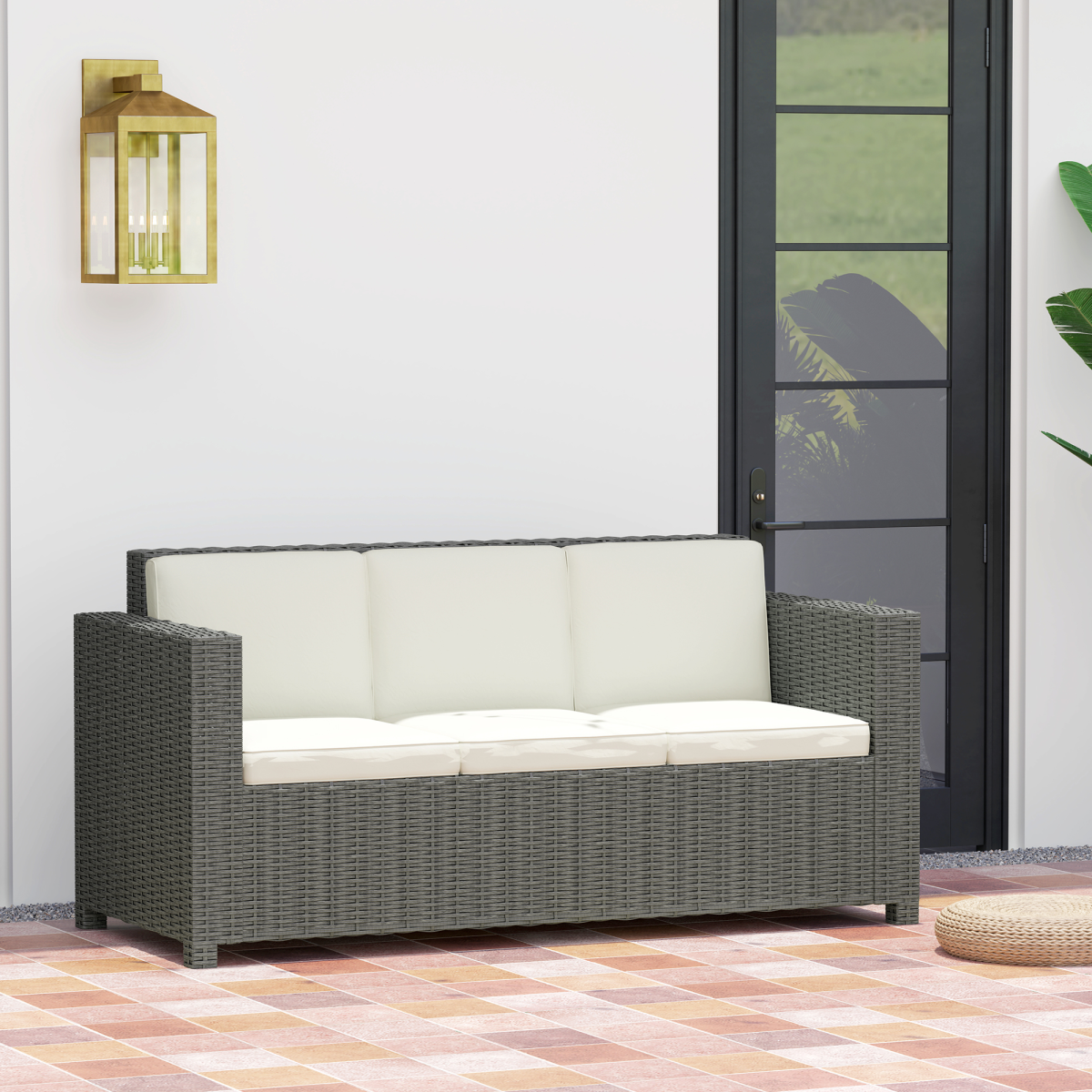 Outsunny Rattan Wicker 3-seater Sofa Chair Patio Furniture w/ Cushion Cream
