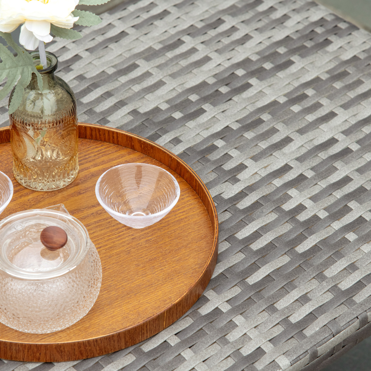 Rattan Coffee Table, Patio Wicker Table with All-Weather Grey