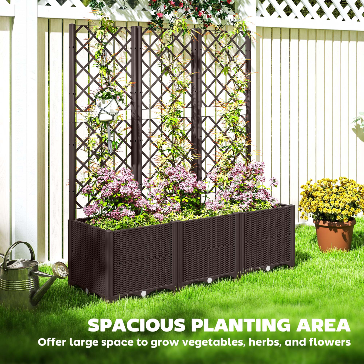 Outsunny Plastic Planter Box with Trellis, Vegetable Planter w/ Drain Plugs