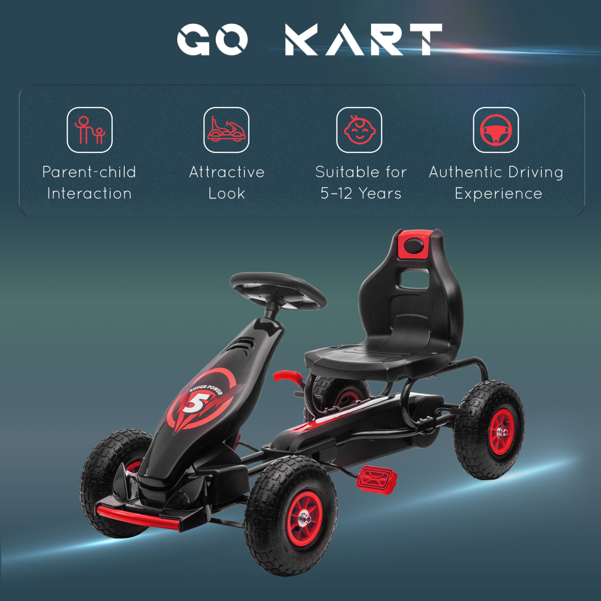 HOMCOM Children Pedal Go Kart w/ Adjustable Seat, Rubber Wheels, Brake - Red