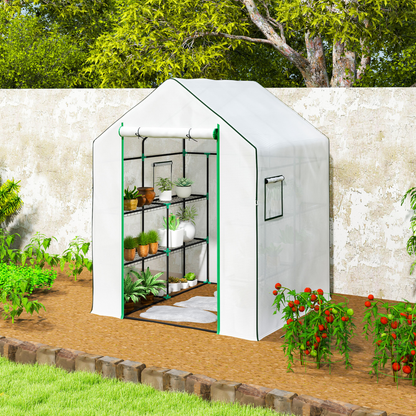 Outsunny Walk-in Greenhouse with 8 Shelves, Outdoor Small Greenhouse, White