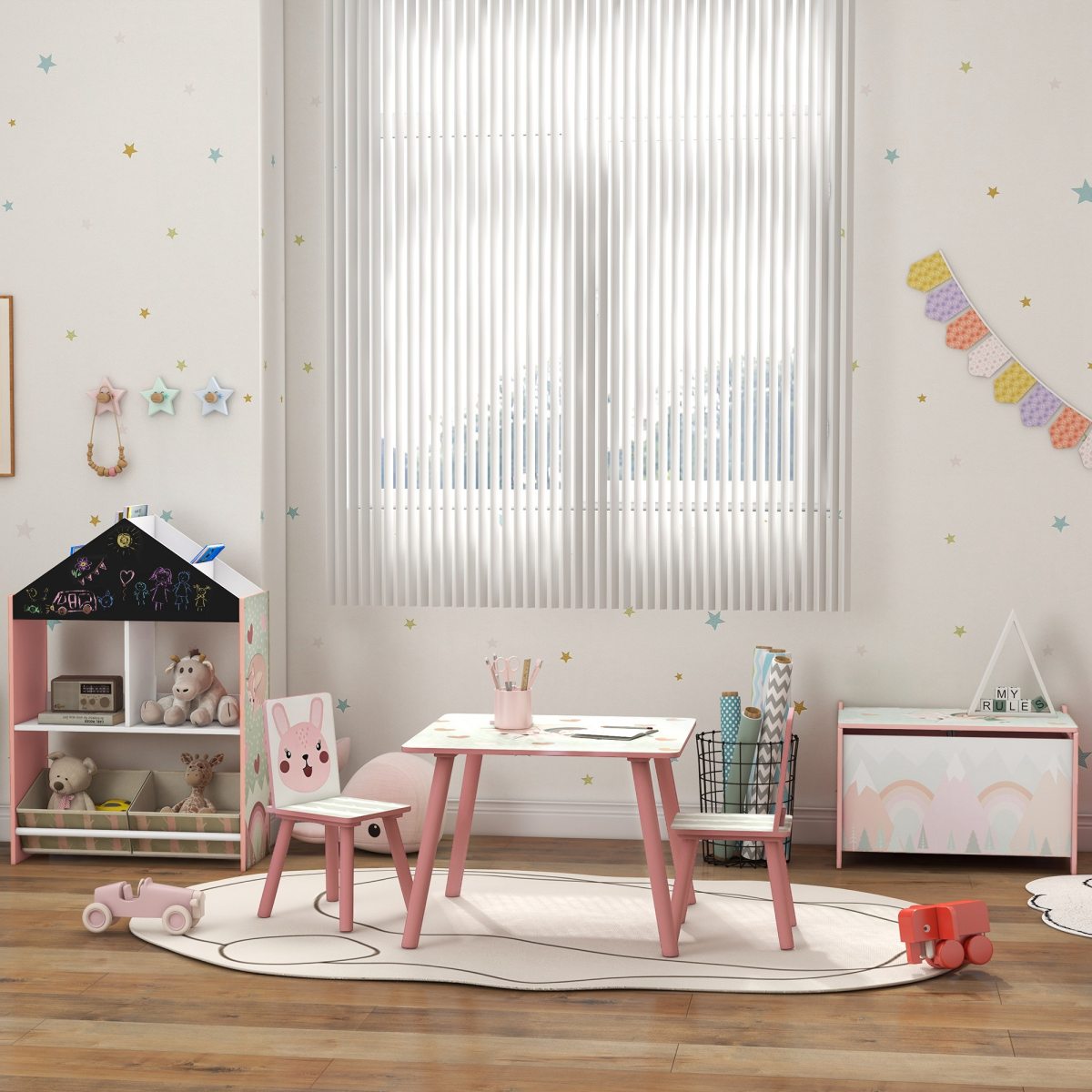 ZONEKIZ Kids Table and Chairs, Childrens Desk with 2 Chairs, Pink