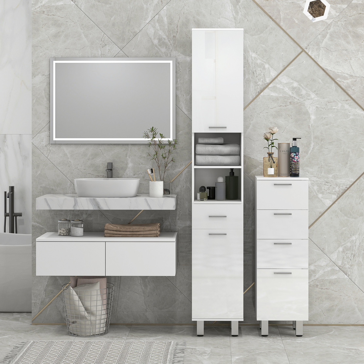 kleankin Tall Narrow Bathroom Storage Cabinet Cupboard w/ Cabinets, White