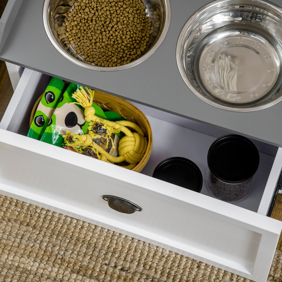Elevated Dog Bowls w/ 21L Storage Drawer for Large Dogs and Cats - White