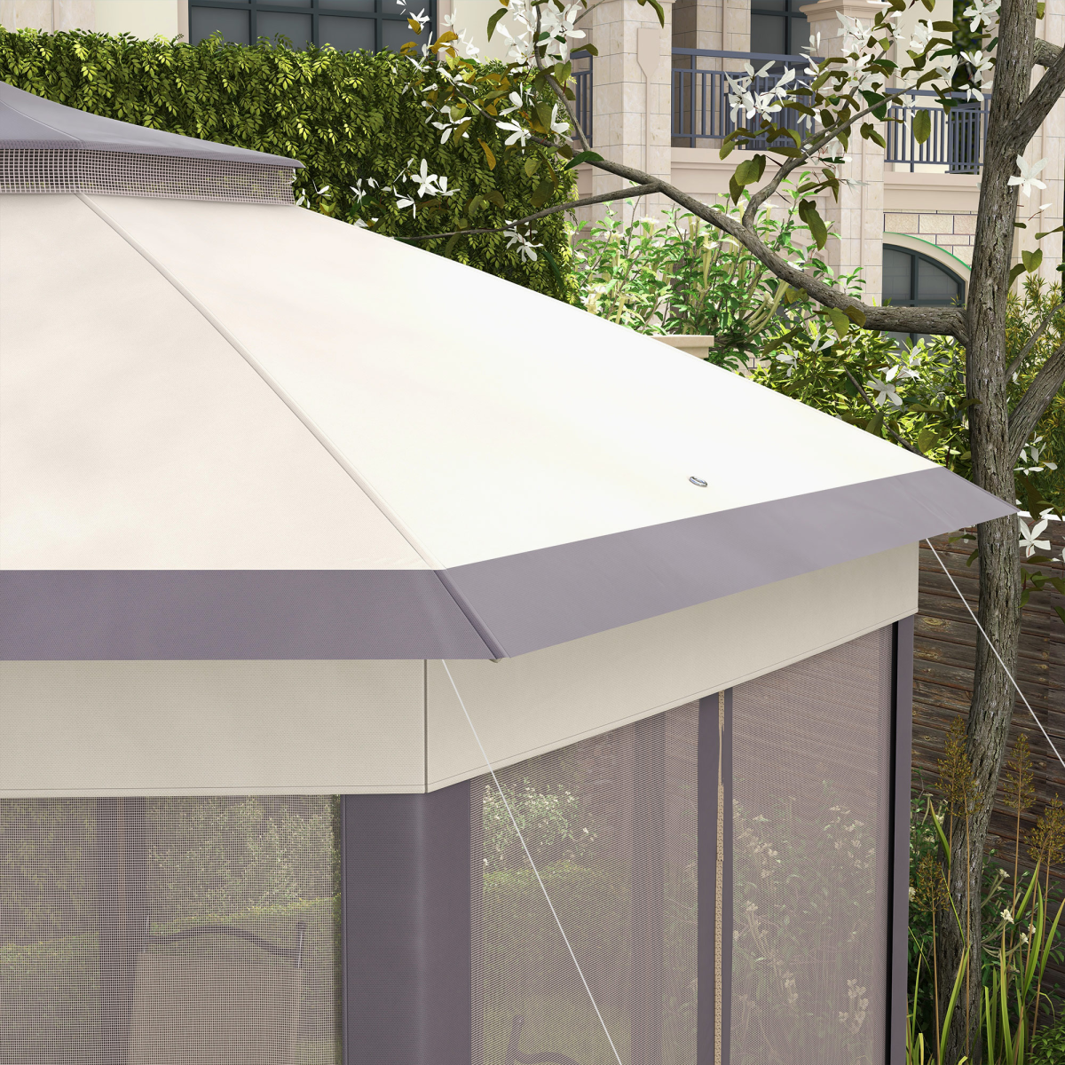4.05m x 4.05m Metal Frame Mesh Draped 2-Tier Roof Gazebo Brown