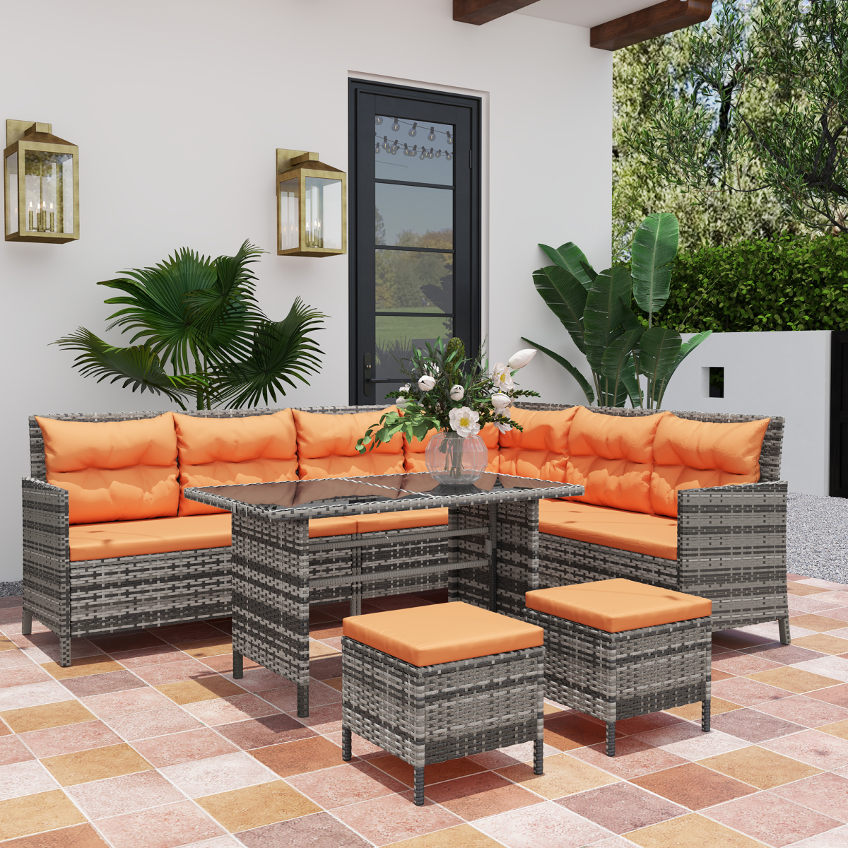 Outsunny 6 PCs Patio wicker Sofa Set Rattan Chair Furniture, Orange
