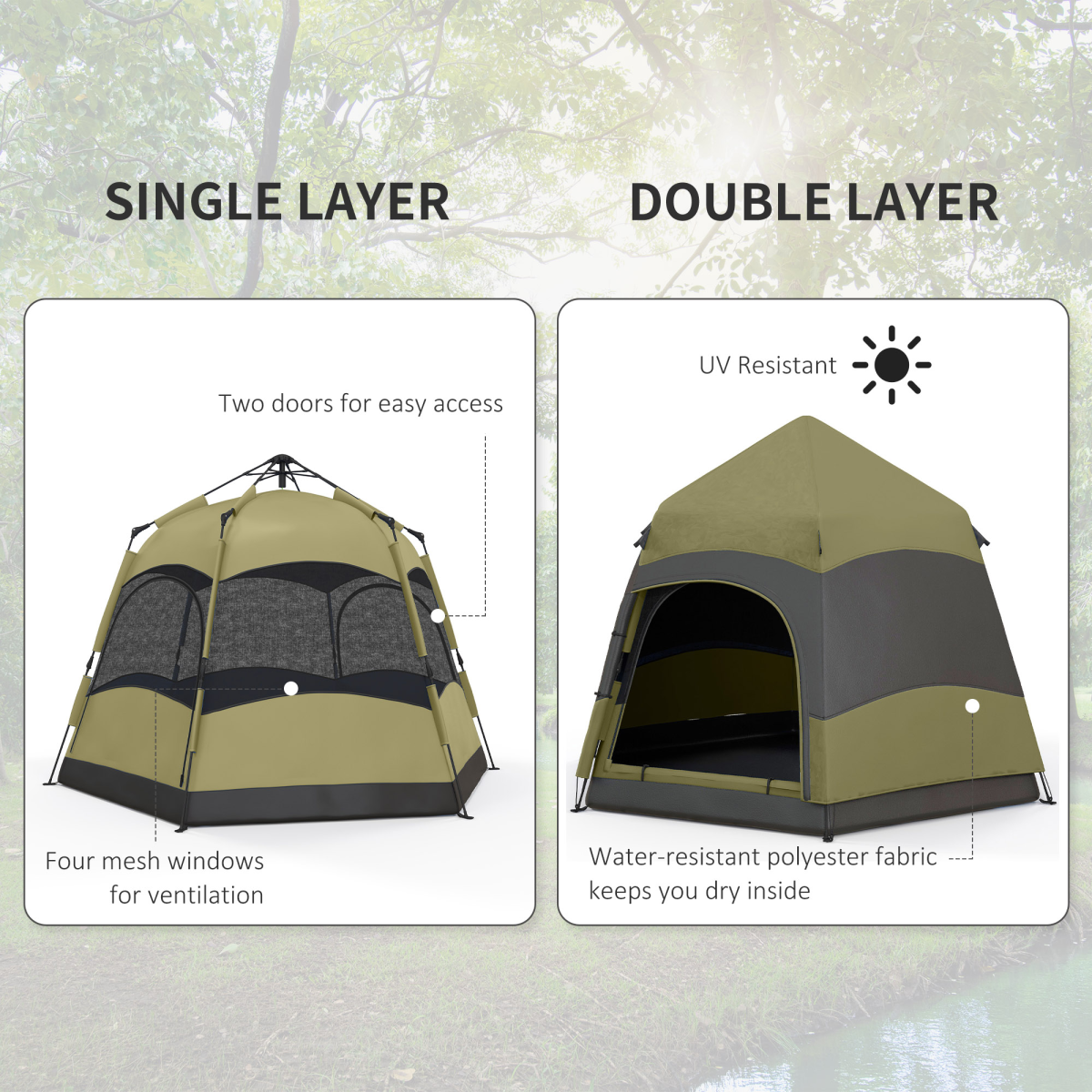 Outsunny 4 Person Camping Tent Festival Hiking Shelter, Dark Green