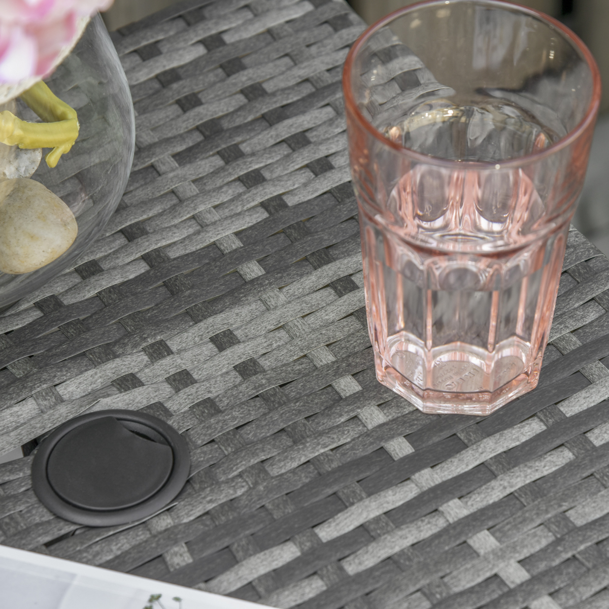 Outsunny Rattan Wicker Tea Coffee Table w/ Umbrella Hole and Storage Space Grey