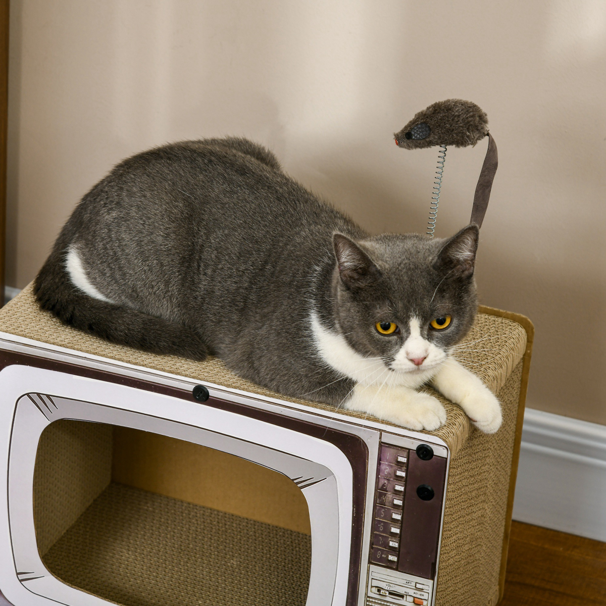 PawHut TV-Shaped Cardboard Cat House with Scratcher, Catnip, Toy Rat