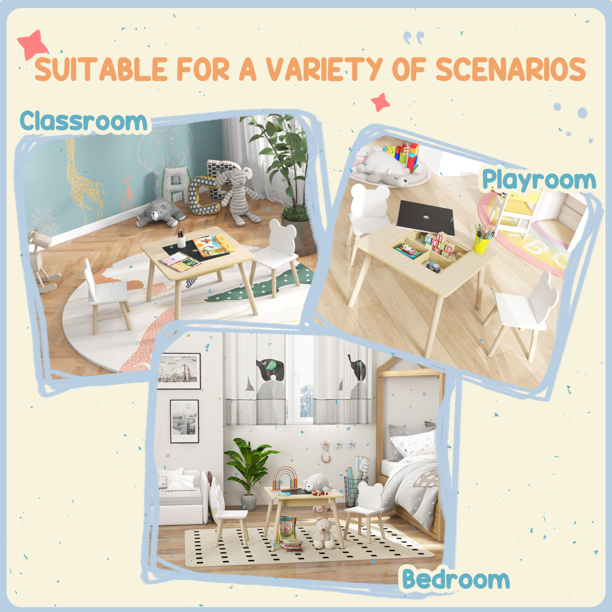 AIYAPLAY 3-Piece Toddler Table and Chairs Set for Nursery, Playroom