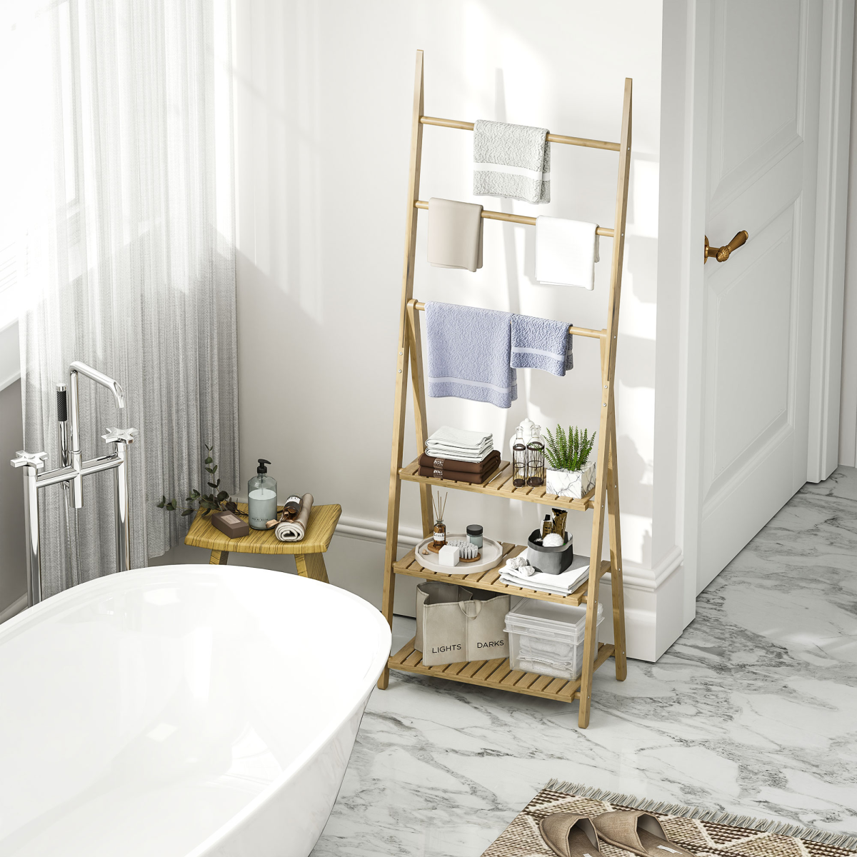 HOMCOM 3-Tier Folding Bamboo Bathroom Storage Shelving Unit with Towel Bars
