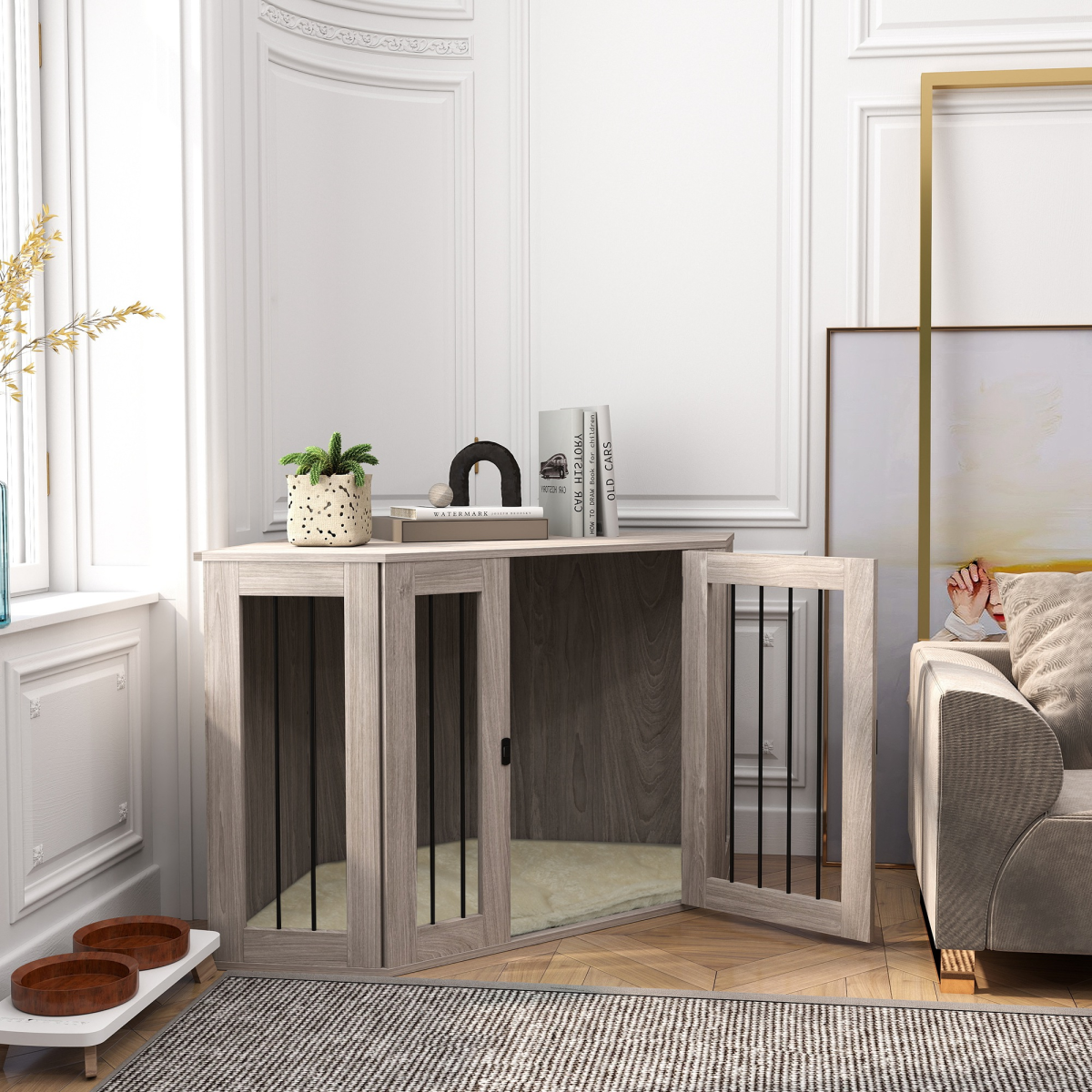PawHut Dog Crate Furniture for Large Dogs w/ Cushion, Door - Walnut Brown