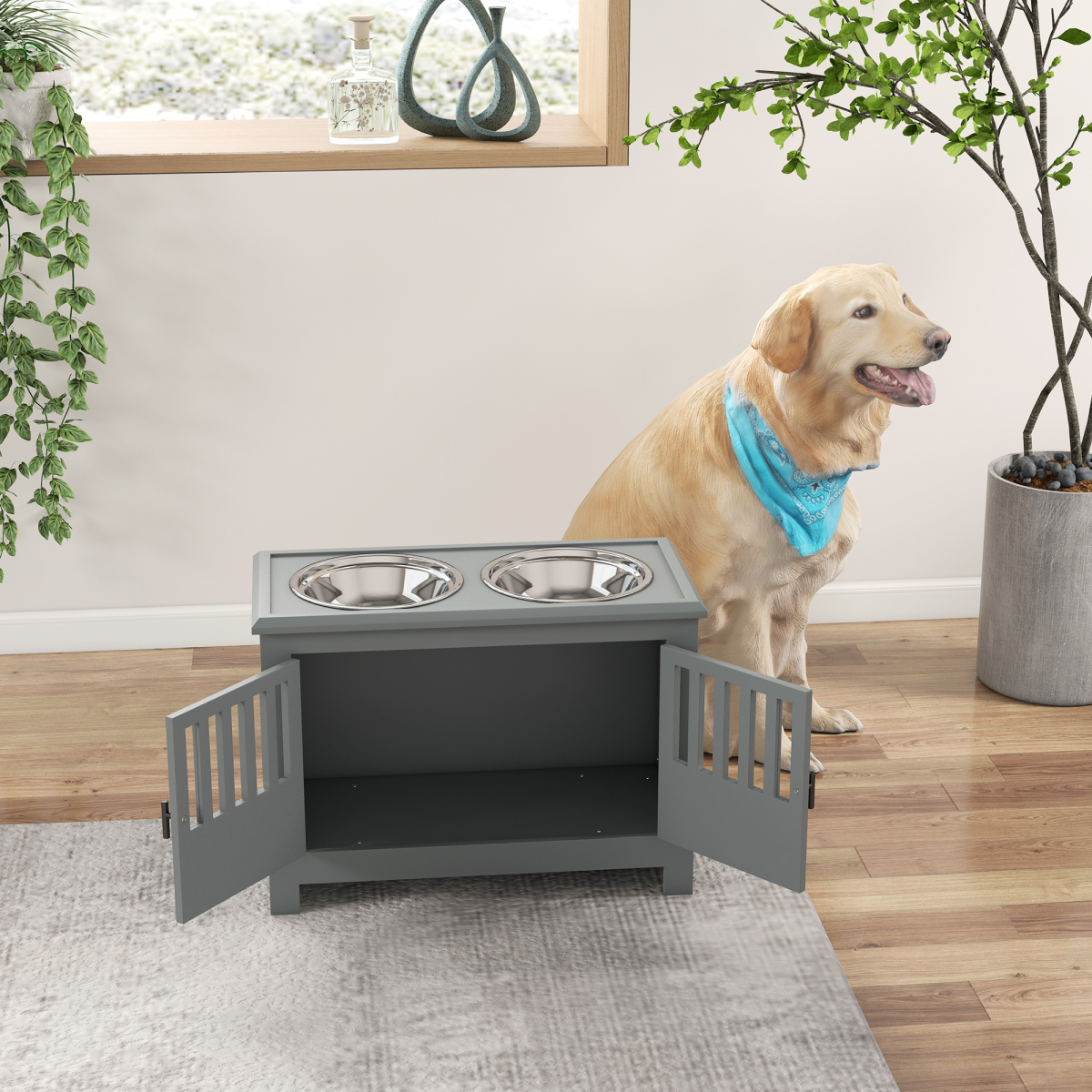 PawHut Raised Dog Bowls for Large Dogs Feeding Station with Stand Storage - Grey