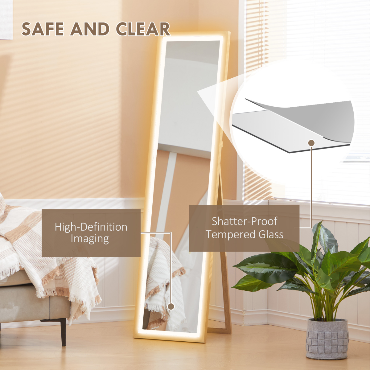 HOMCOM Dimming Full Length Mirror w/ Lights Standing Leaning Wall Mount Oak
