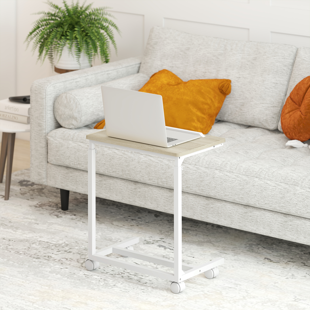 HOMCOM C-Shaped Sofa Side Table, Height Adjustable Overbed Table, Oak