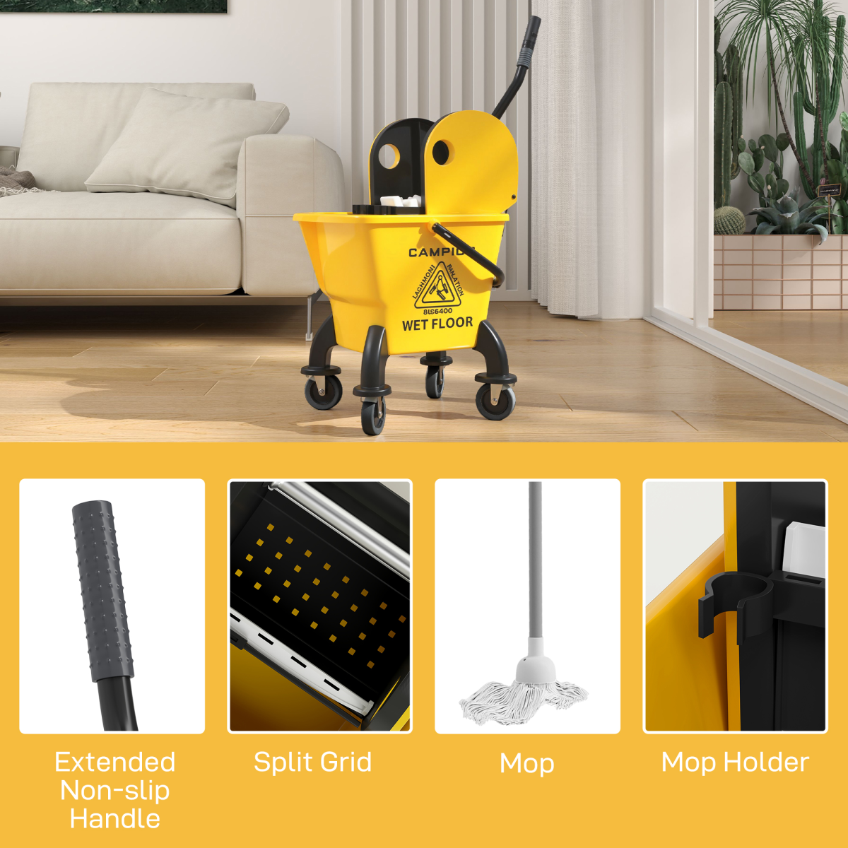 HOMCOM Mop Bucket with Wringer on Wheels for Floor Cleaning 26 Litre Yellow