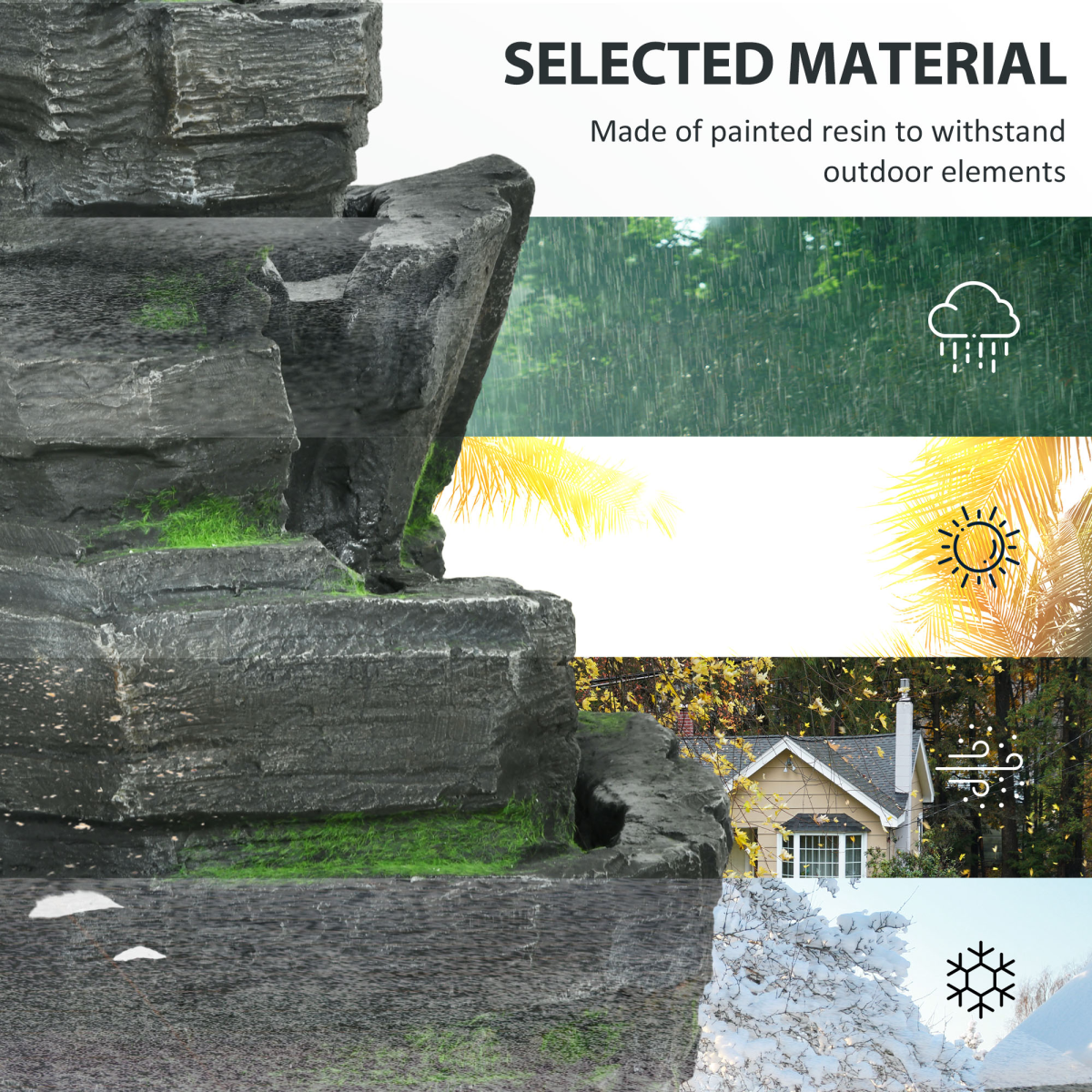 Outsunny Garden Fountain, Outdoor Water Feature With LED Light, Dark Grey