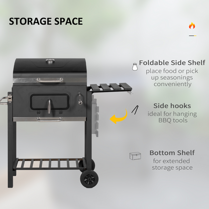 Outsunny Charcoal Grill BBQ Trolley Wheels Shelf Side Thermometer Steel Black