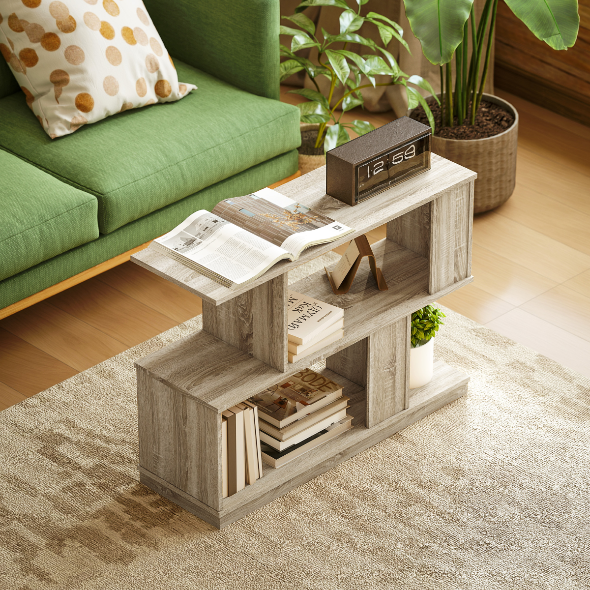 HOMCOM Modern Narrow End Table, S-Shaped Nightstand, Natural Wood Finish