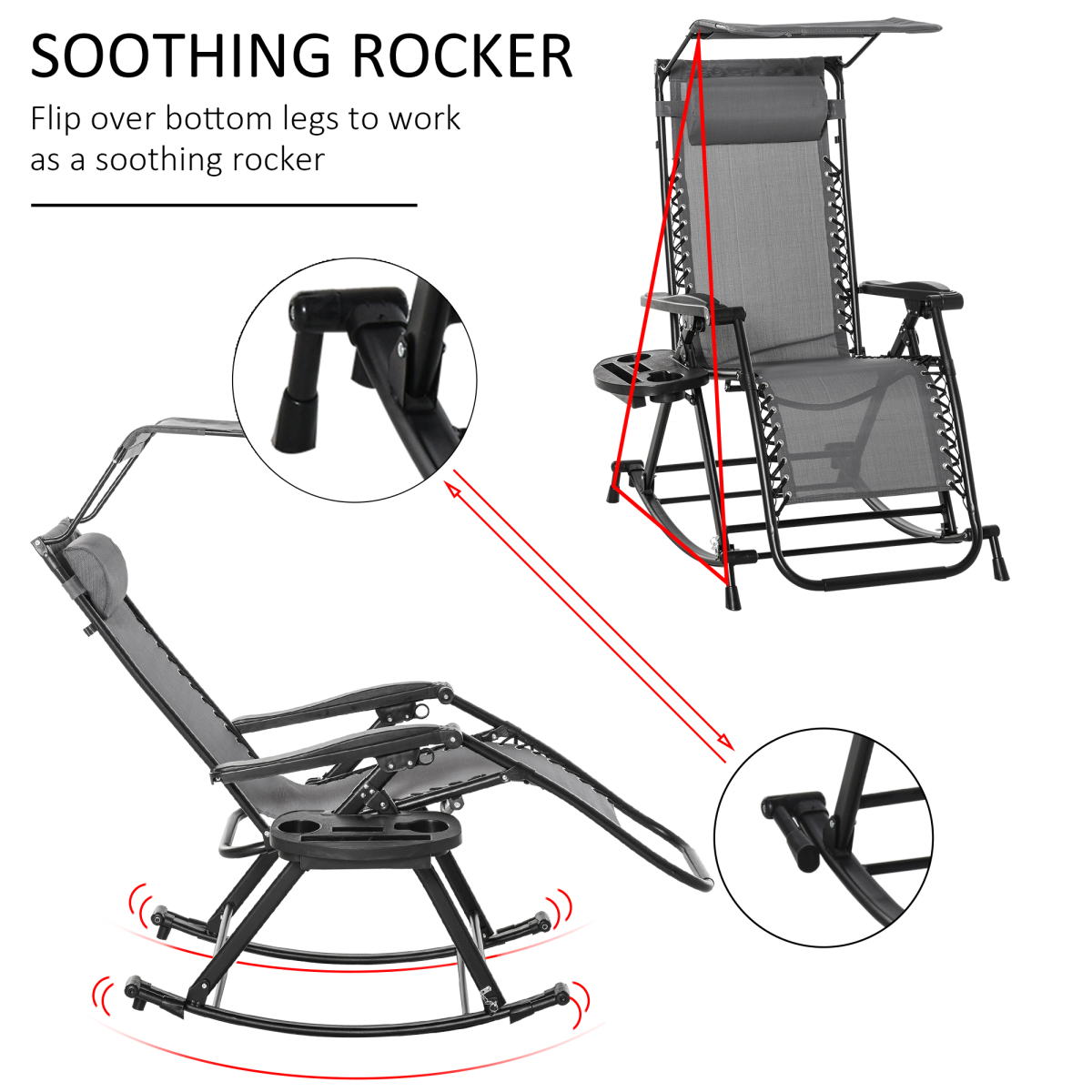 Folding Recliner Chair Outdoor Lounge Rocker Zero-Gravity Seat, Grey