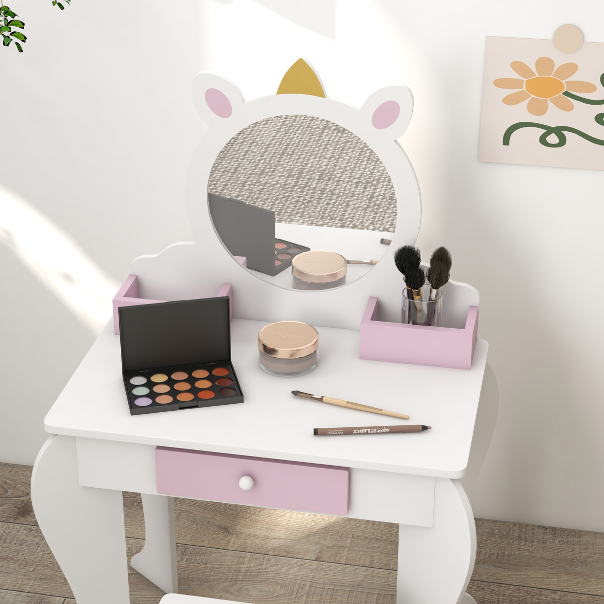 ZONEKIZ Kids Dressing Table with Mirror and Stool, Drawer, Storage Boxes - White