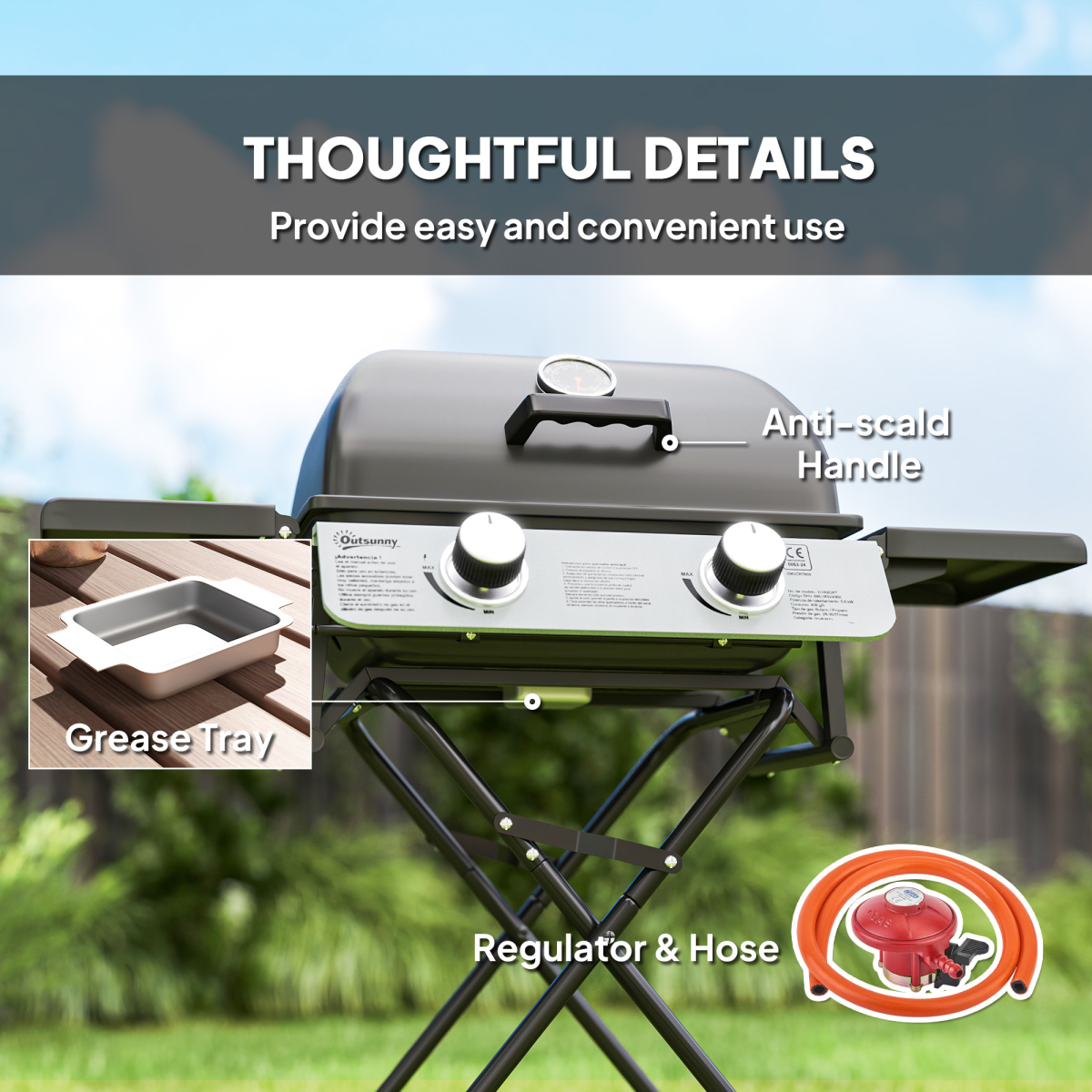 Outsunny Portable Foldable Gas Barbecue Grill with Thermometer, Lid, Black
