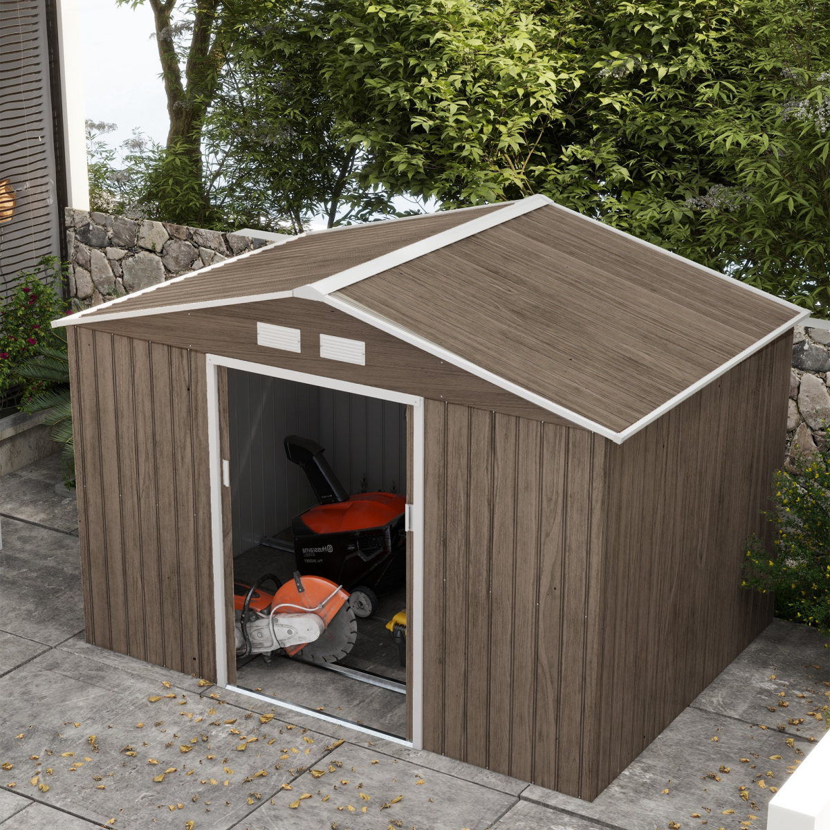 Outsunny Garden Shed Storage Unit withLocking Door Floor Foundation Vent Brown