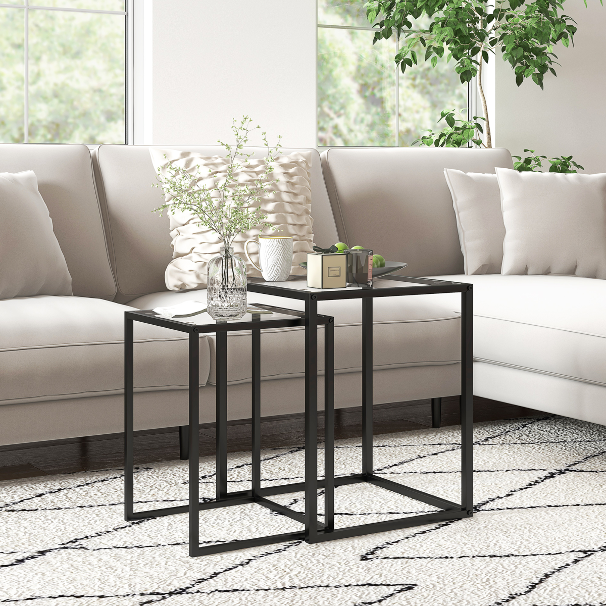 HOMCOM Nesting Tables Set of 2, End Table with Tempered Glass Top, Black
