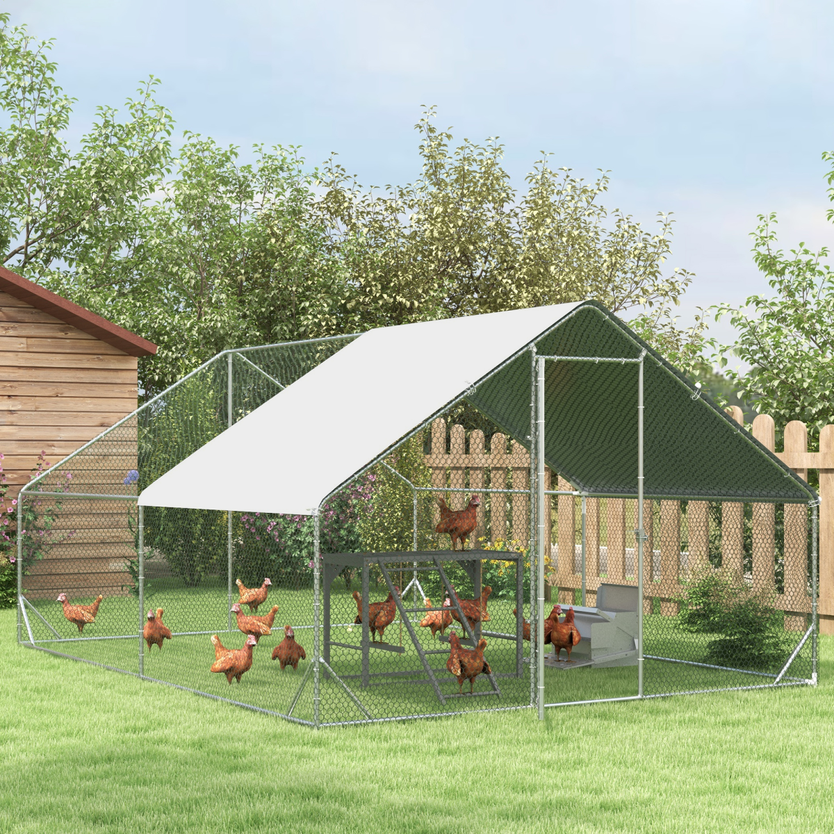 PawHut Chicken Activity Play Chicken Coop with Swing Set for 3-4 Birds, Grey