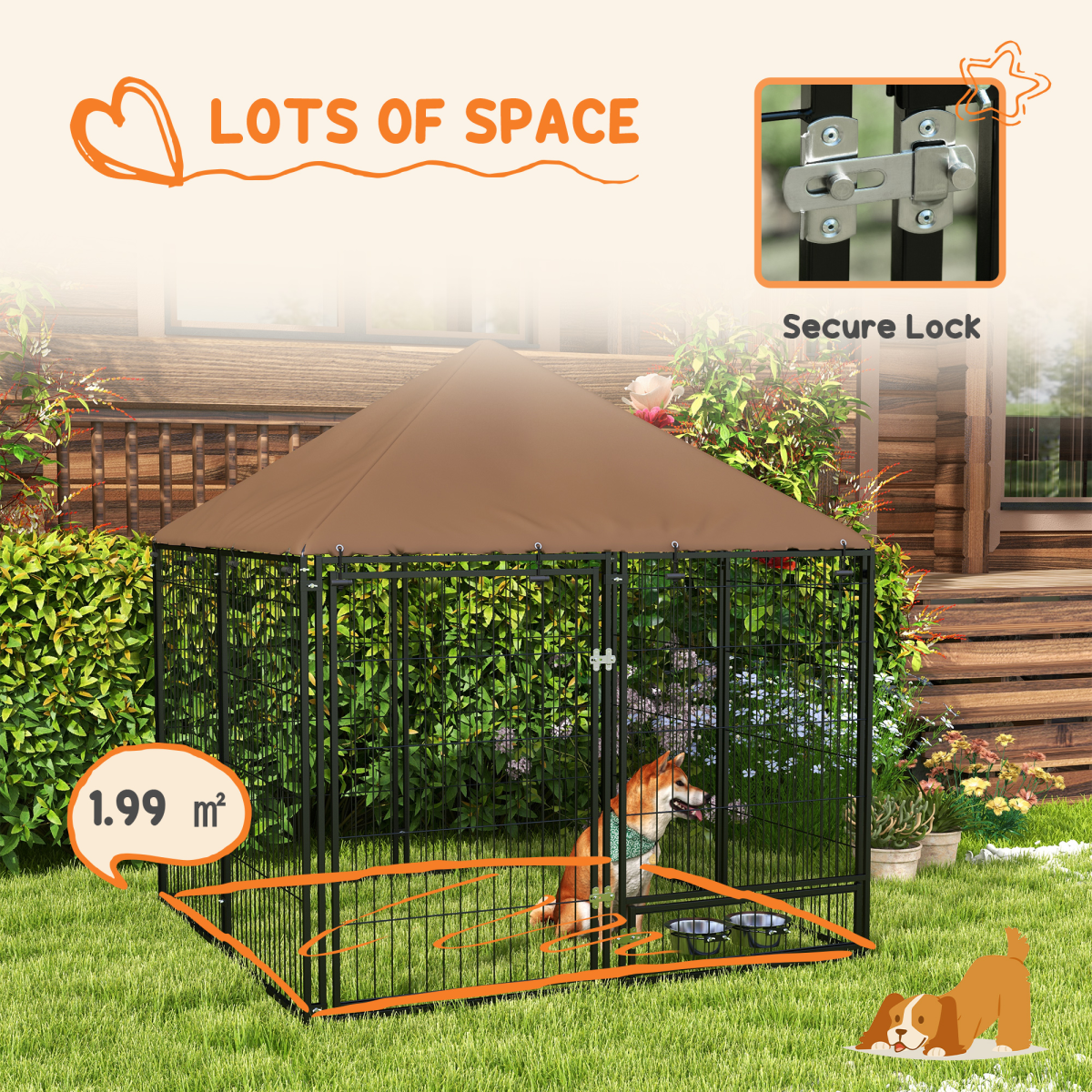 Outdoor Dog House Kennel with Canopy Top & Secure Lock Rotating Bowl Holder