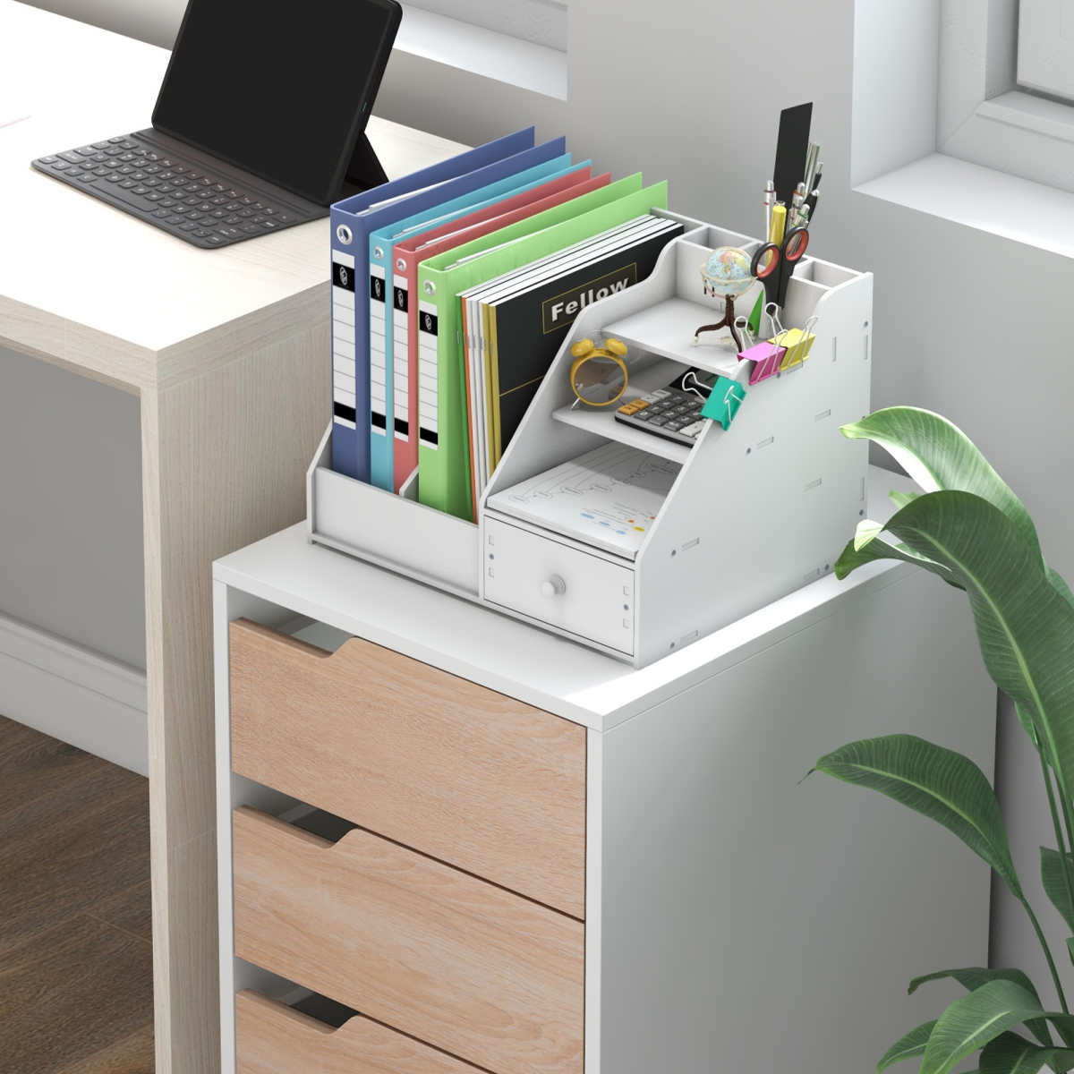 MDF Mobile File Cabinet w/ 3 Drawers Locking Wheels Metal Rails Oak Tone White