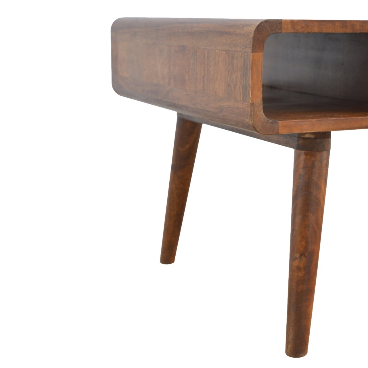 Artisan Furniture Solid Wood Curved Chestnut Coffee Table, 2 Drawers, 2 Open Slots, Dark Brown