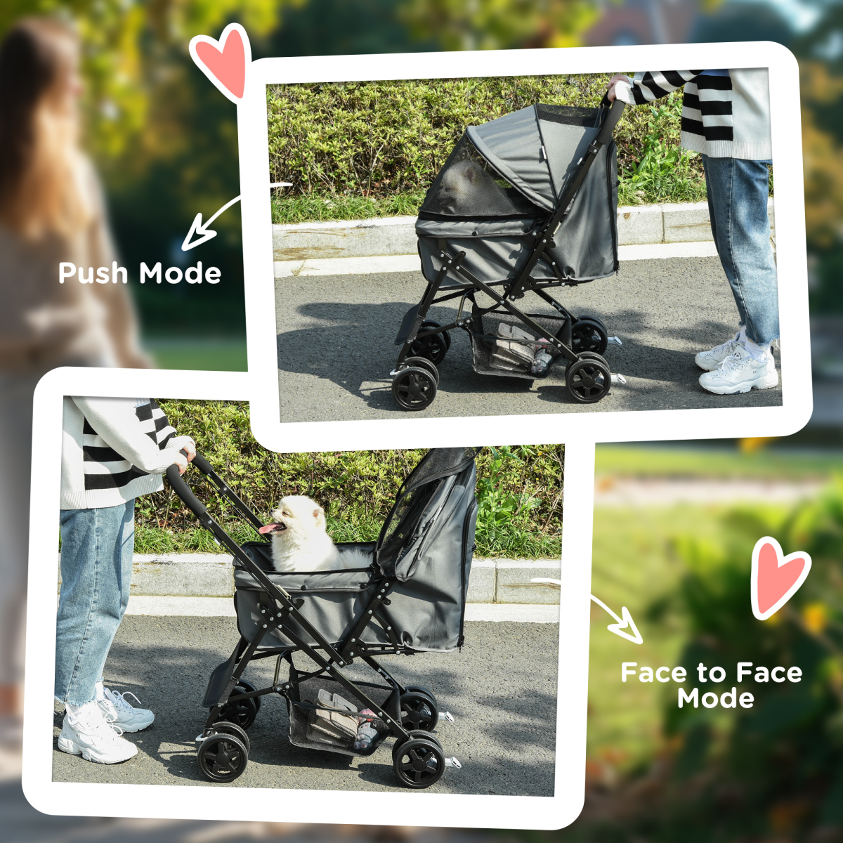 PawHut Pet Stroller Dog Foldable Travel Carriage with Reversible Handle, Grey
