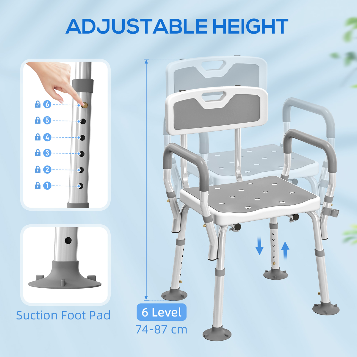 HOMCOM Padded Shower Stool with Arms and Back, 4 Suction Foot Pads, Grey