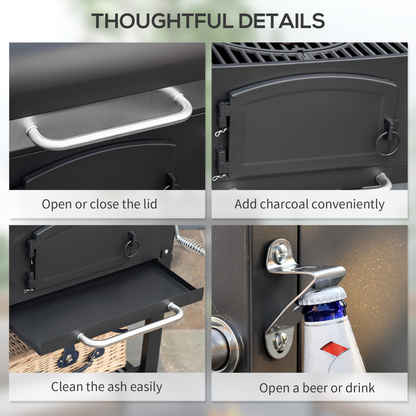 Outsunny Charcoal Grill BBQ Trolley w/ Adjustable Charcoal Height & Thermometer