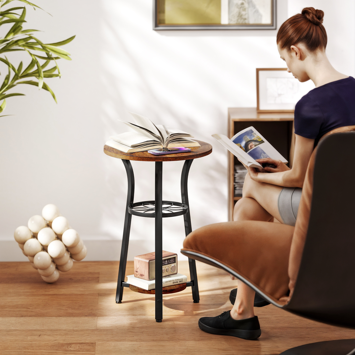 HOMCOM 3-Tier Small End Table Industrial 38 cm Round Side Table Rustic Brown