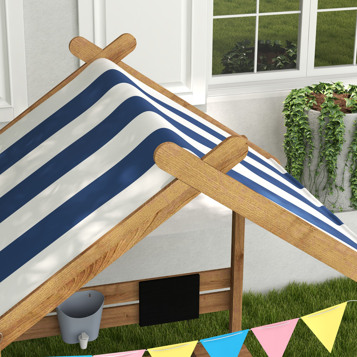 Outsunny Sand Pit with Canopy, Blackboard, Toys, Sink, Seats, Flags for Kids