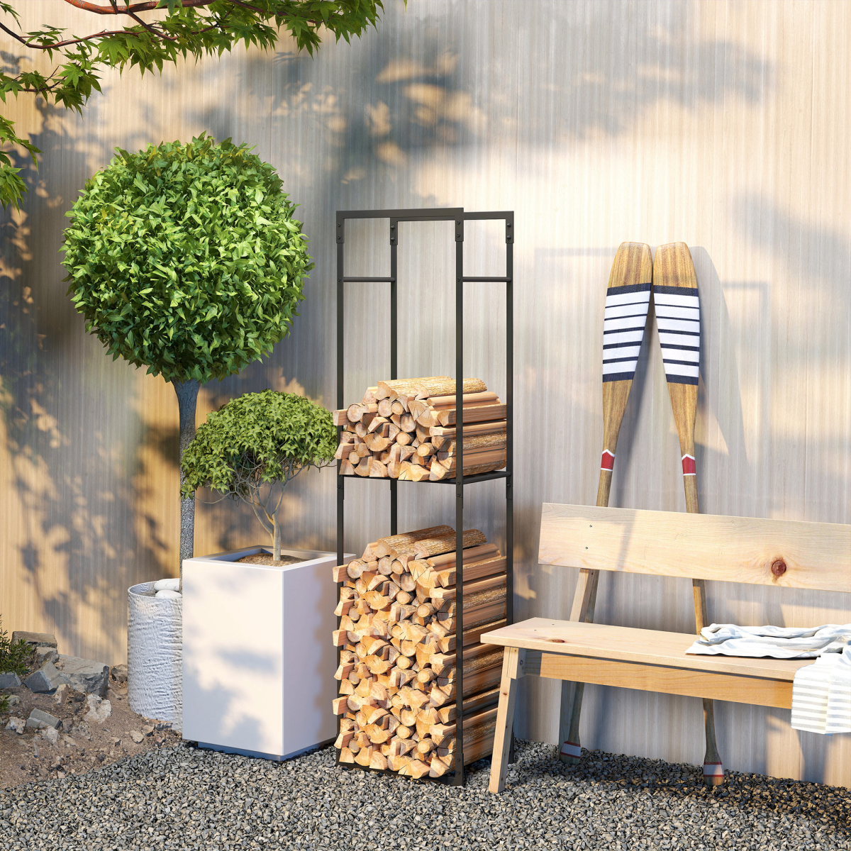 Outsunny Metal Firewood Log Holder, Firewood Rack with Adjustable Shelf