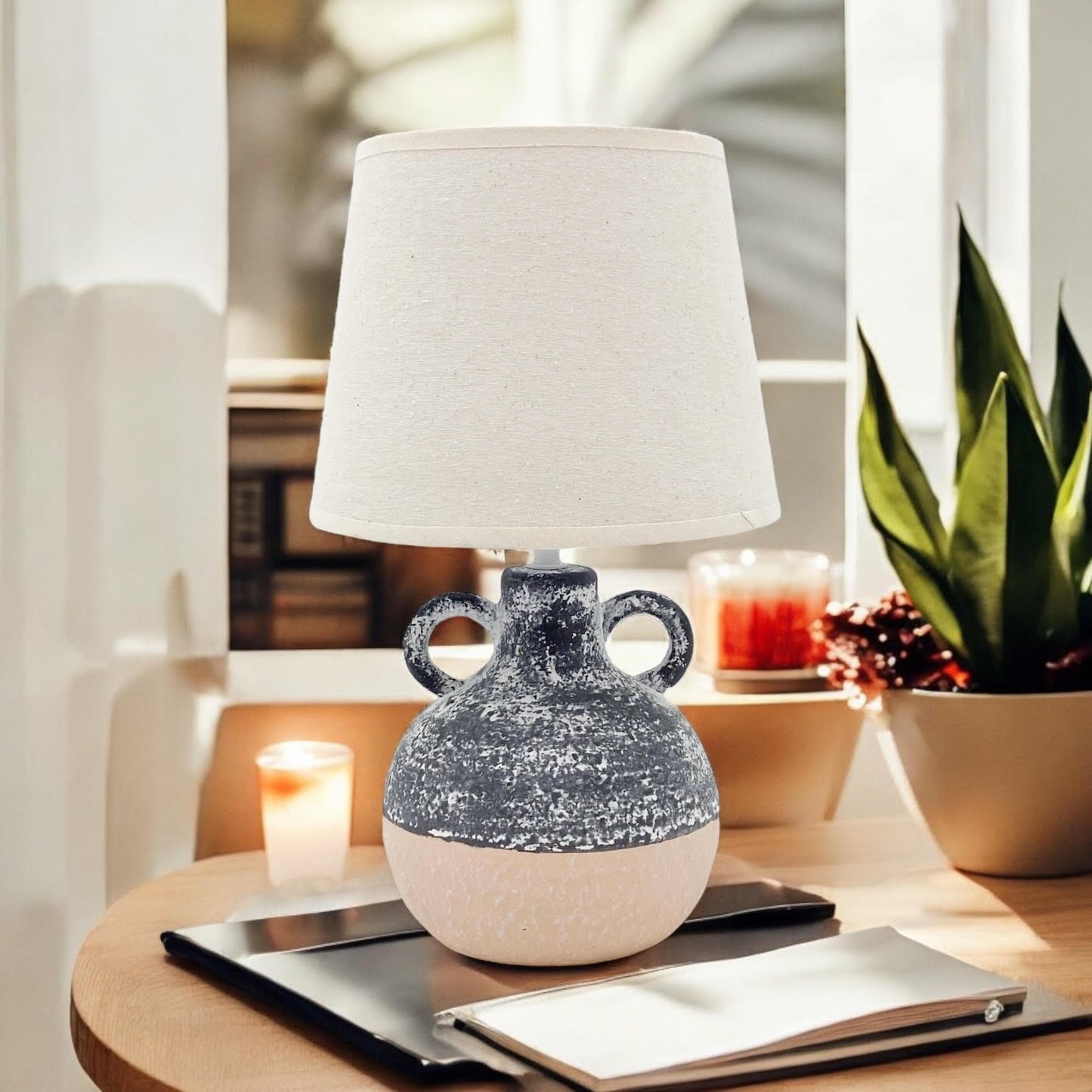 AcaciaHome Ceramic Table Lamp with Rustic Earthen Urn Base and 9" Drum Shade – Stylish and Durable Home Lighting Warm Cozy Ambiance for Bedroom, Living Room, Hallway, or Study (Table Lamp 38CM)