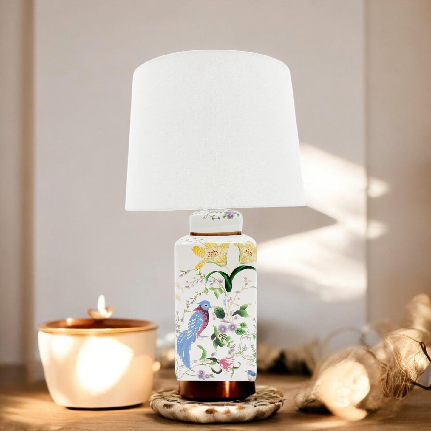 Modern Ceramic Table Lamp – Stylish Ceramic Lamp Available in Three Sizes, Ideal for Providing Soft, Ambient Lighting in Your Bedroom, Living Room, or Office (Floral & Bird Design with White Shade)