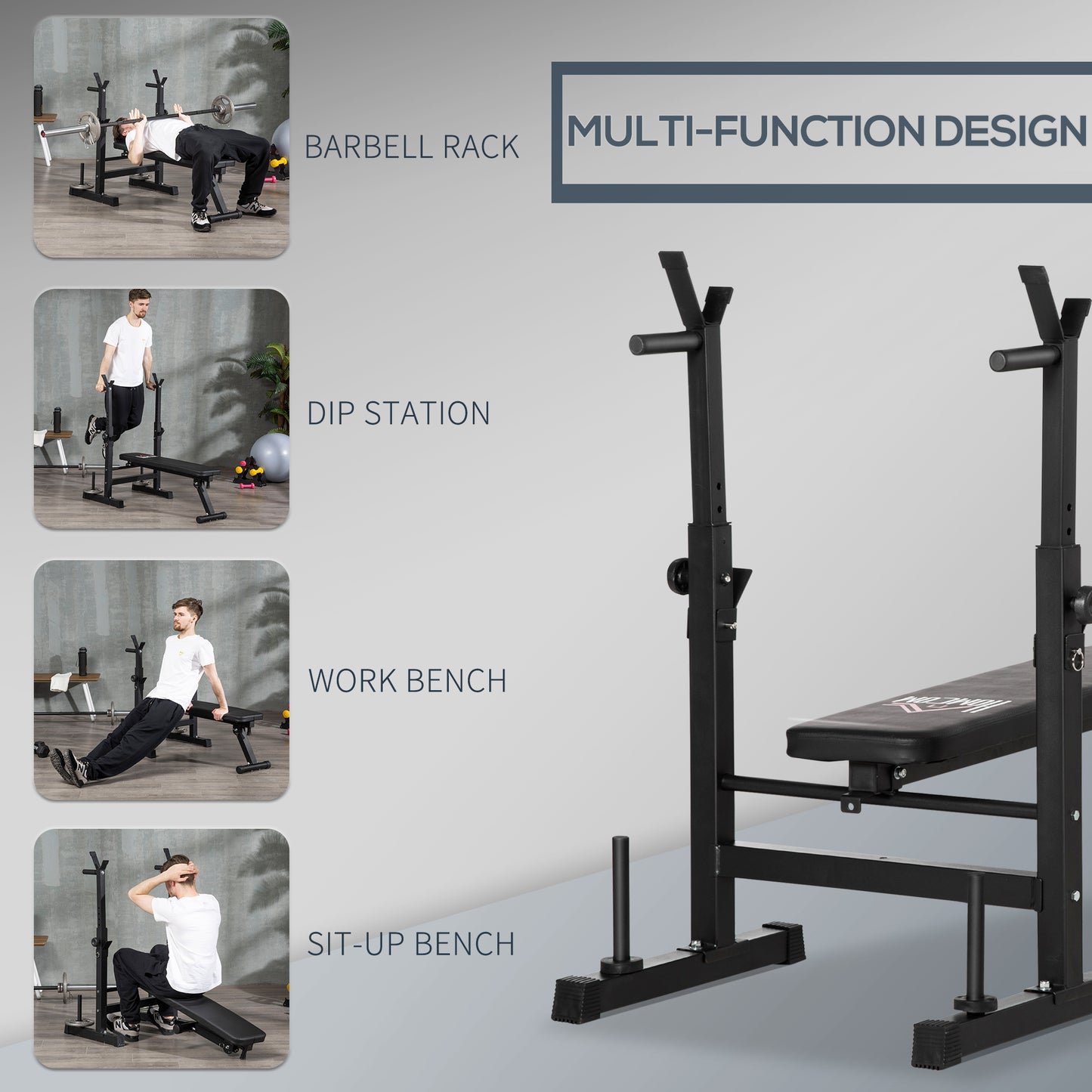 HOMCOM Adjustable Weight Bench with Barbell Rack and Dip Station, Black