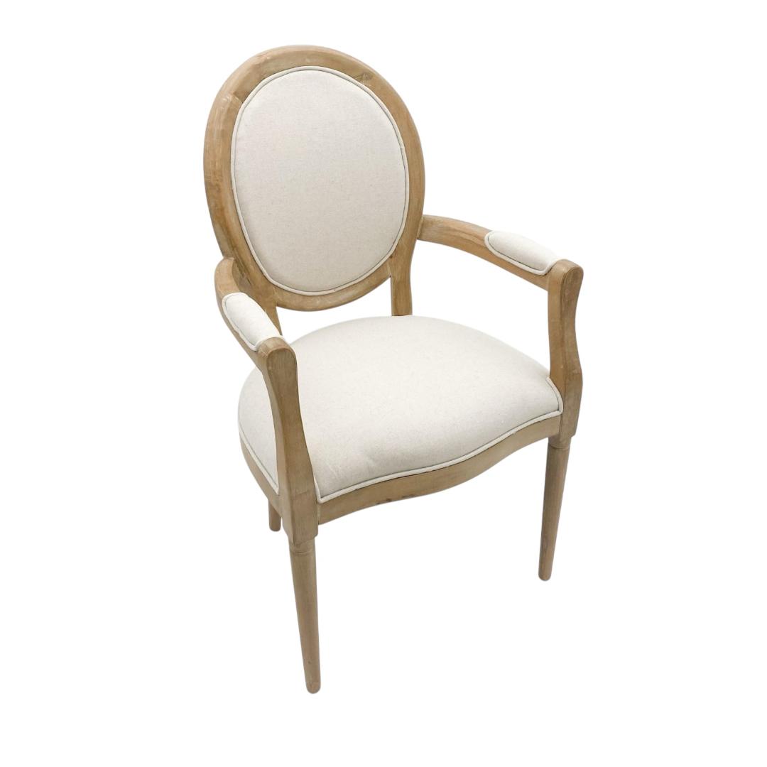Elegant and Comfortable 94CM Louis Style Cream Linen Armchair - Oak/Grey Frame French Style Dining Chair with High Back Design for Modern Home Décor or Dining Spaces (Oak Frame Cream Linen)